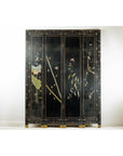 Four-Panel Black Lacquer Screen with Birds, Blossoms, and Brass Feet-13. Asian & Chinese Furniture, Art, Antiques, Vintage Home Décor for sale at FEA Home