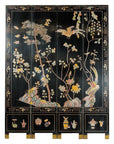 Four-Panel Black Lacquer Screen with Birds, Blossoms, and Brass Feet-14. Asian & Chinese Furniture, Art, Antiques, Vintage Home Décor for sale at FEA Home