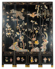 Four-Panel Black Lacquer Screen with Birds, Blossoms, and Brass Feet-1. Asian & Chinese Furniture, Art, Antiques, Vintage Home Décor for sale at FEA Home