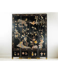 Four-Panel Black Lacquer Screen with Birds, Blossoms, and Brass Feet-2. Asian & Chinese Furniture, Art, Antiques, Vintage Home Décor for sale at FEA Home