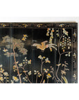 Four-Panel Black Lacquer Screen with Birds, Blossoms, and Brass Feet-4. Asian & Chinese Furniture, Art, Antiques, Vintage Home Décor for sale at FEA Home