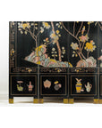 Four-Panel Black Lacquer Screen with Birds, Blossoms, and Brass Feet-7. Asian & Chinese Furniture, Art, Antiques, Vintage Home Décor for sale at FEA Home