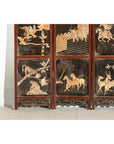 Four-Panel Black Lacquer Screen with Painted Narrative and Animal Scenes-8. Asian & Chinese Furniture, Art, Antiques, Vintage Home Décor for sale at FEA Home