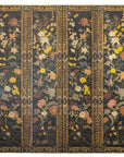 Black lacquer four-panel screen with multicolored floral and leaf patterns on dark background, full front view.