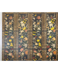 Black lacquer four-panel screen with multicolored floral and gold design on dark background, front view.