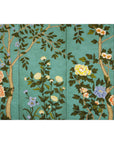 Four-Panel Screen with Hand-Painted Blossoms on Teal Ground-10. Asian & Chinese Furniture, Art, Antiques, Vintage Home Décor for sale at FEA Home