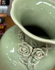 Green Vase with Botanical Theme Handles & Scalloped Top - FEA Home