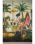 Hand-Painted Four-Panel Export Screen with Tropical Court Scene-14. Asian & Chinese Furniture, Art, Antiques, Vintage Home Décor for sale at FEA Home