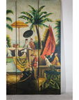 Hand-Painted Four-Panel Export Screen with Tropical Court Scene-15. Asian & Chinese Furniture, Art, Antiques, Vintage Home Décor for sale at FEA Home