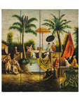 Hand-Painted Four-Panel Export Screen with Tropical Court Scene-17. Asian & Chinese Furniture, Art, Antiques, Vintage Home Décor for sale at FEA Home