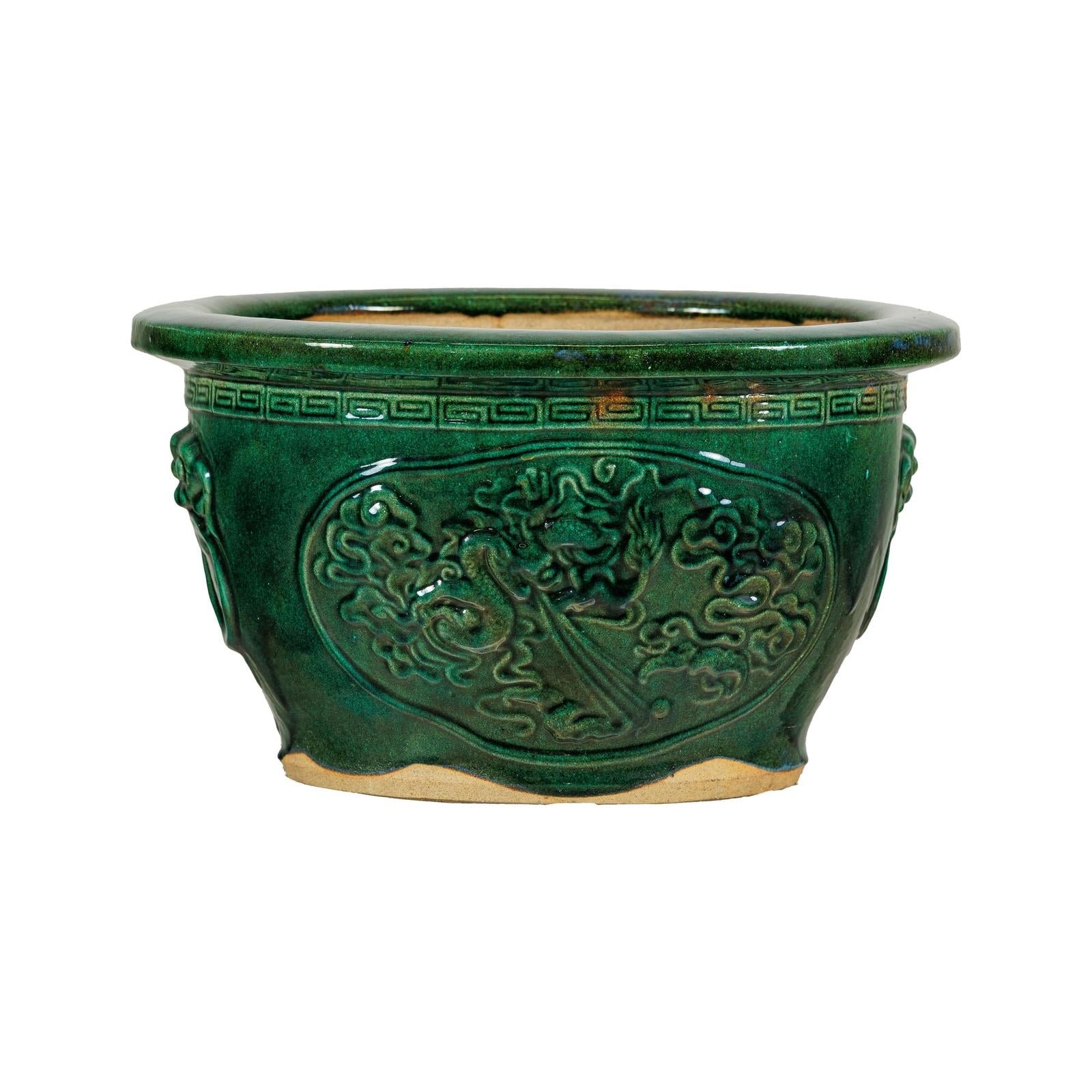 glazed pot planter Large Green Planter with Dragon Relief & Decorative Motifs