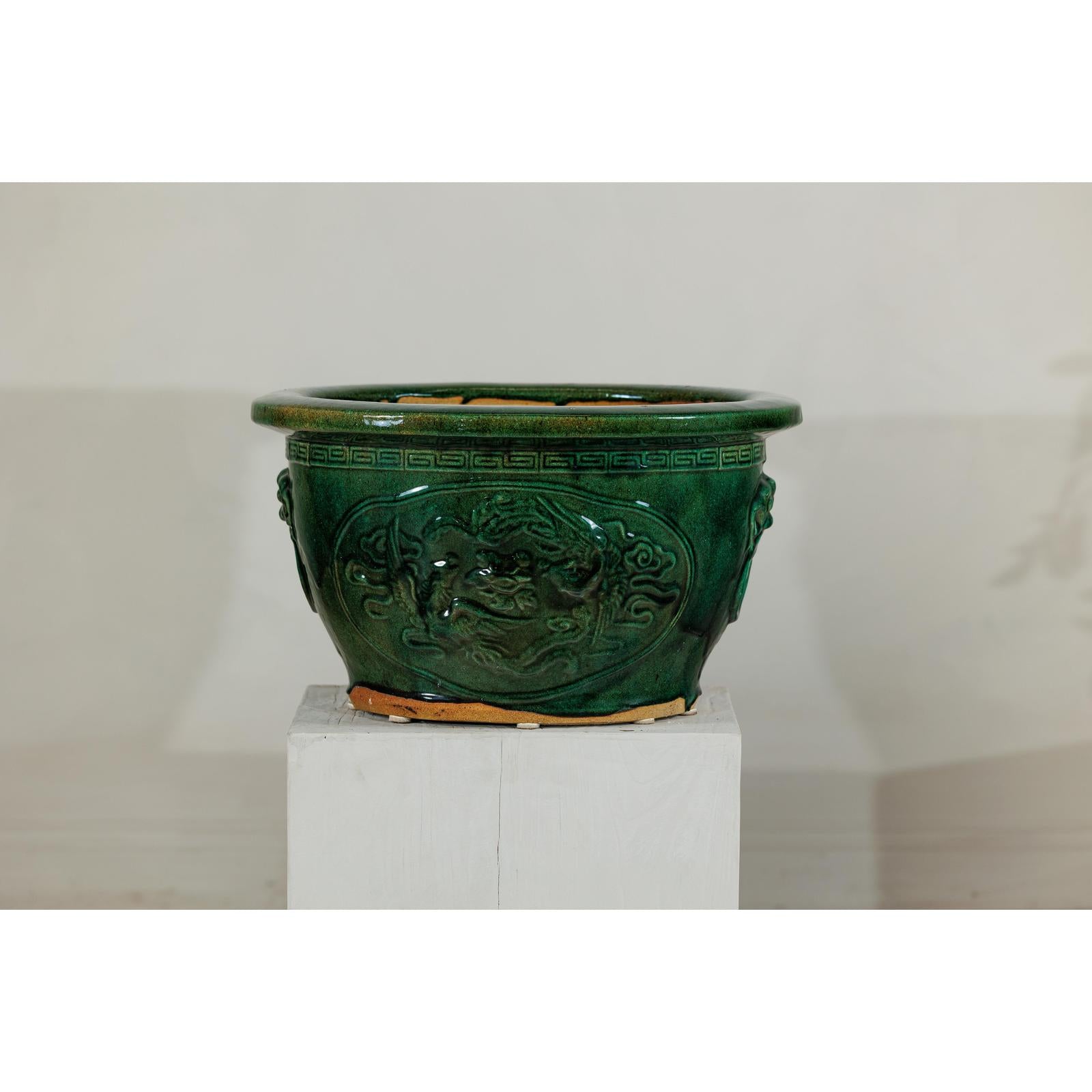 Large Green Planter with Dragon Relief & Decorative Motifs