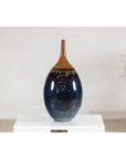 Large Midnight Blue Ceramic Vase with Brown Tapered Neck - image 14