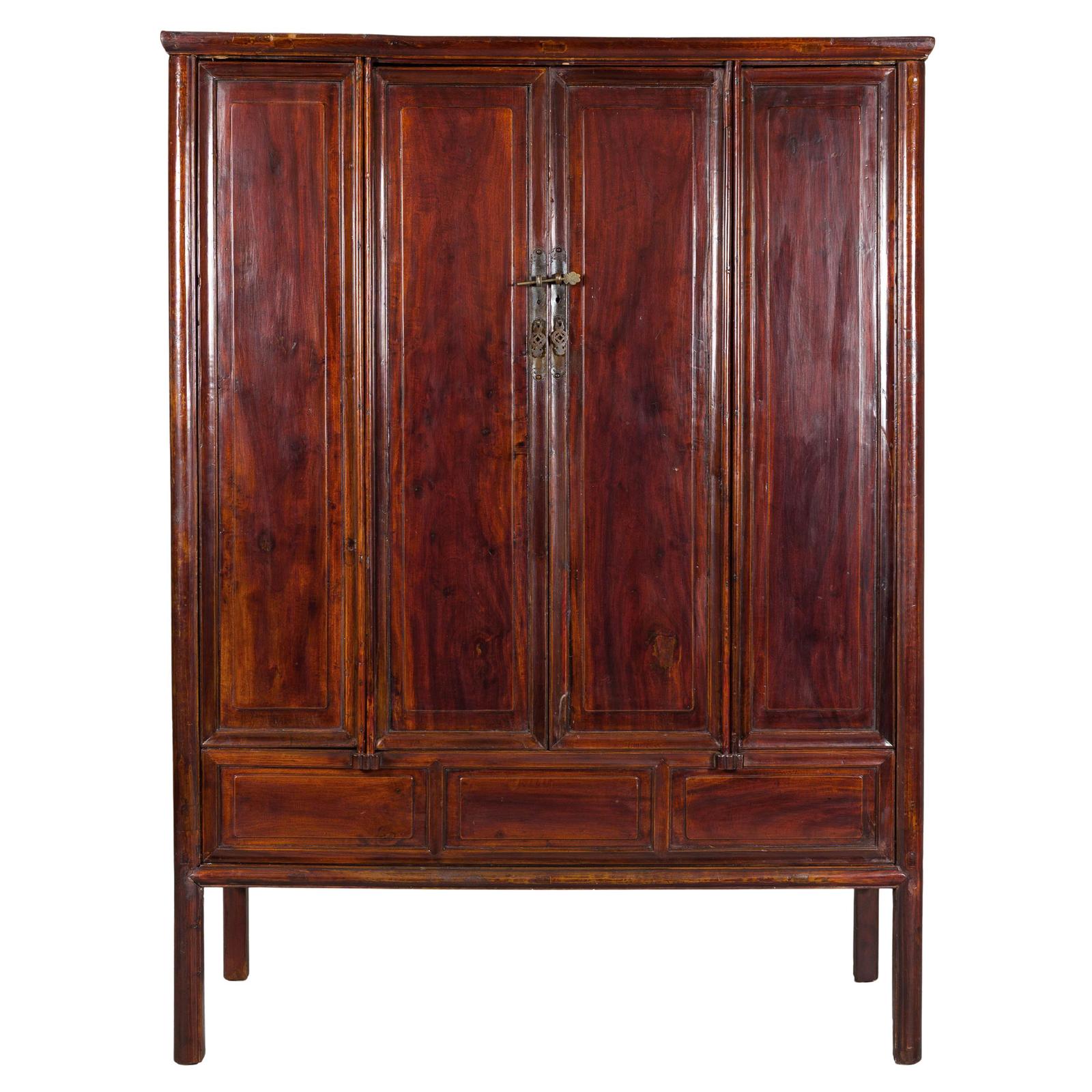 Large Reddish Brown Lacquered Cabinet with Folding Doors and Two Shelves