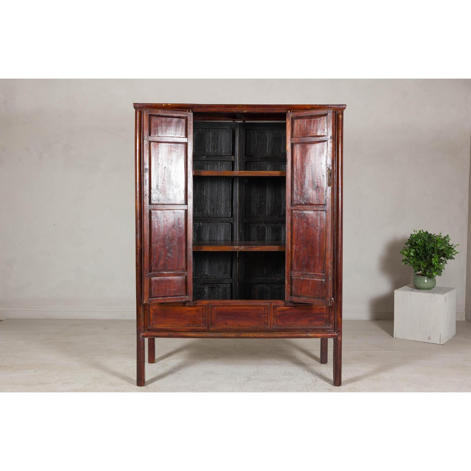 Large Reddish Brown Lacquered Cabinet with Folding Doors and Two Shelves