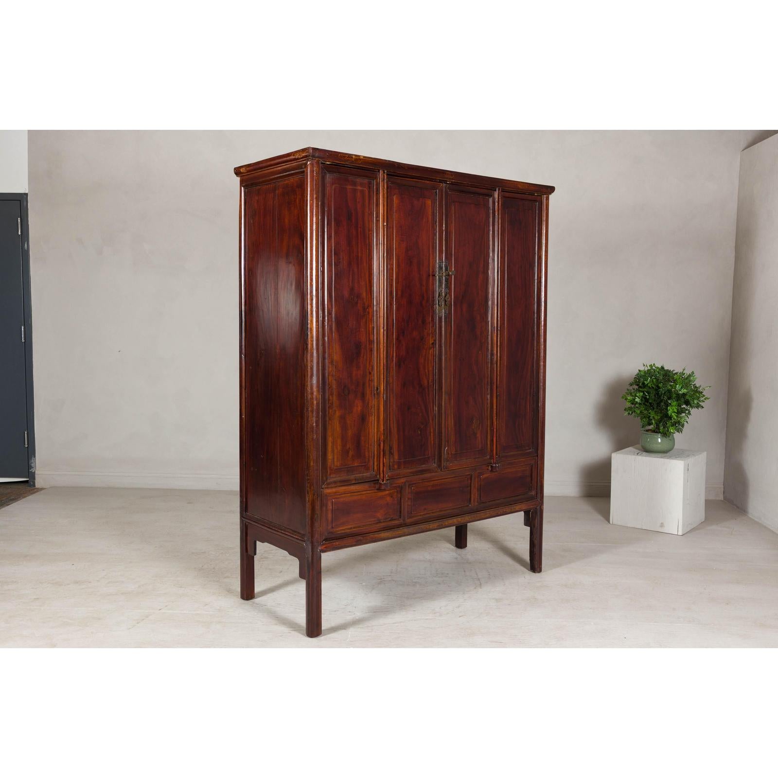 Large Reddish Brown Lacquered Cabinet with Folding Doors and Two Shelves