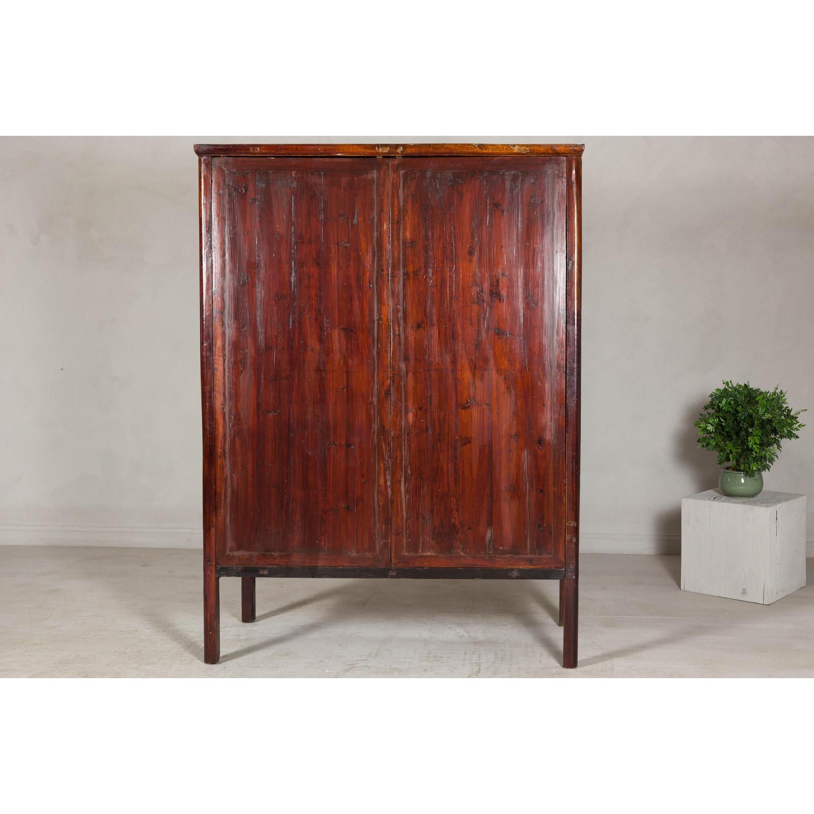 Large Reddish Brown Lacquered Cabinet with Folding Doors and Two Shelves