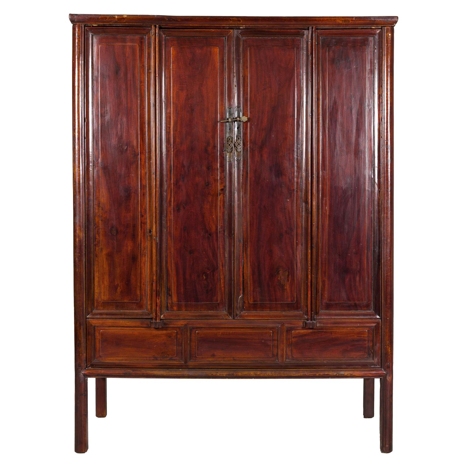 Large Reddish Brown Lacquered Cabinet with Folding Doors and Two Shelves