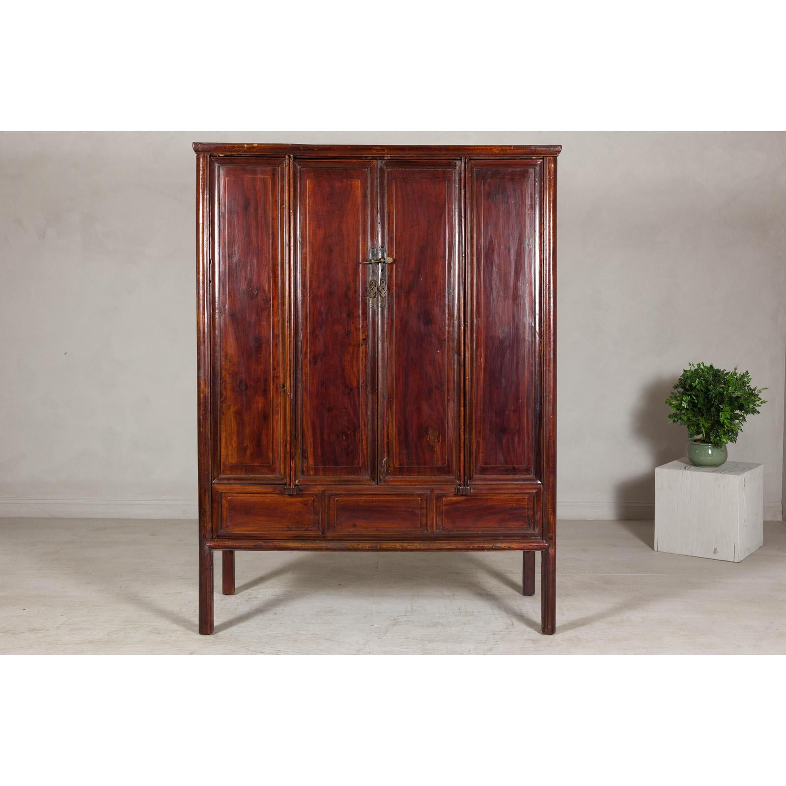 Large Reddish Brown Lacquered Cabinet with Folding Doors and Two Shelves