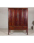 Large Reddish Brown Lacquered Cabinet with Folding Doors and Two Shelves