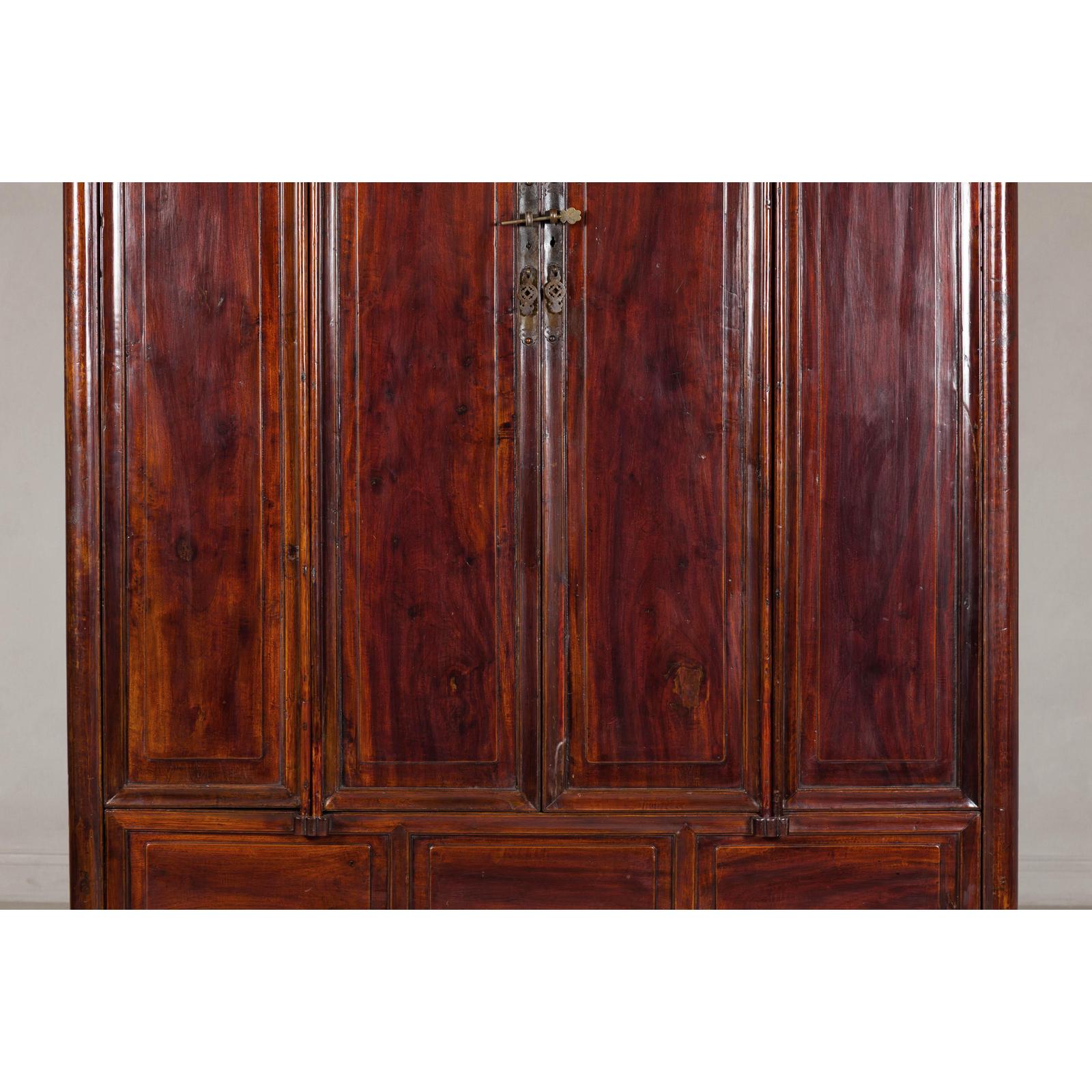 Large Reddish Brown Lacquered Cabinet with Folding Doors and Two Shelves
