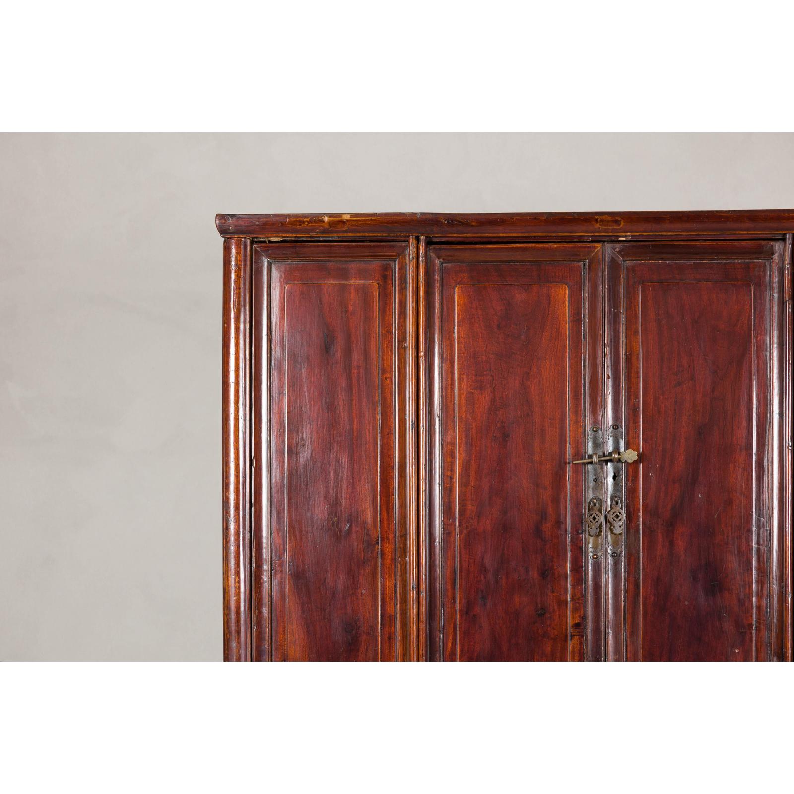 Large Reddish Brown Lacquered Cabinet with Folding Doors and Two Shelves