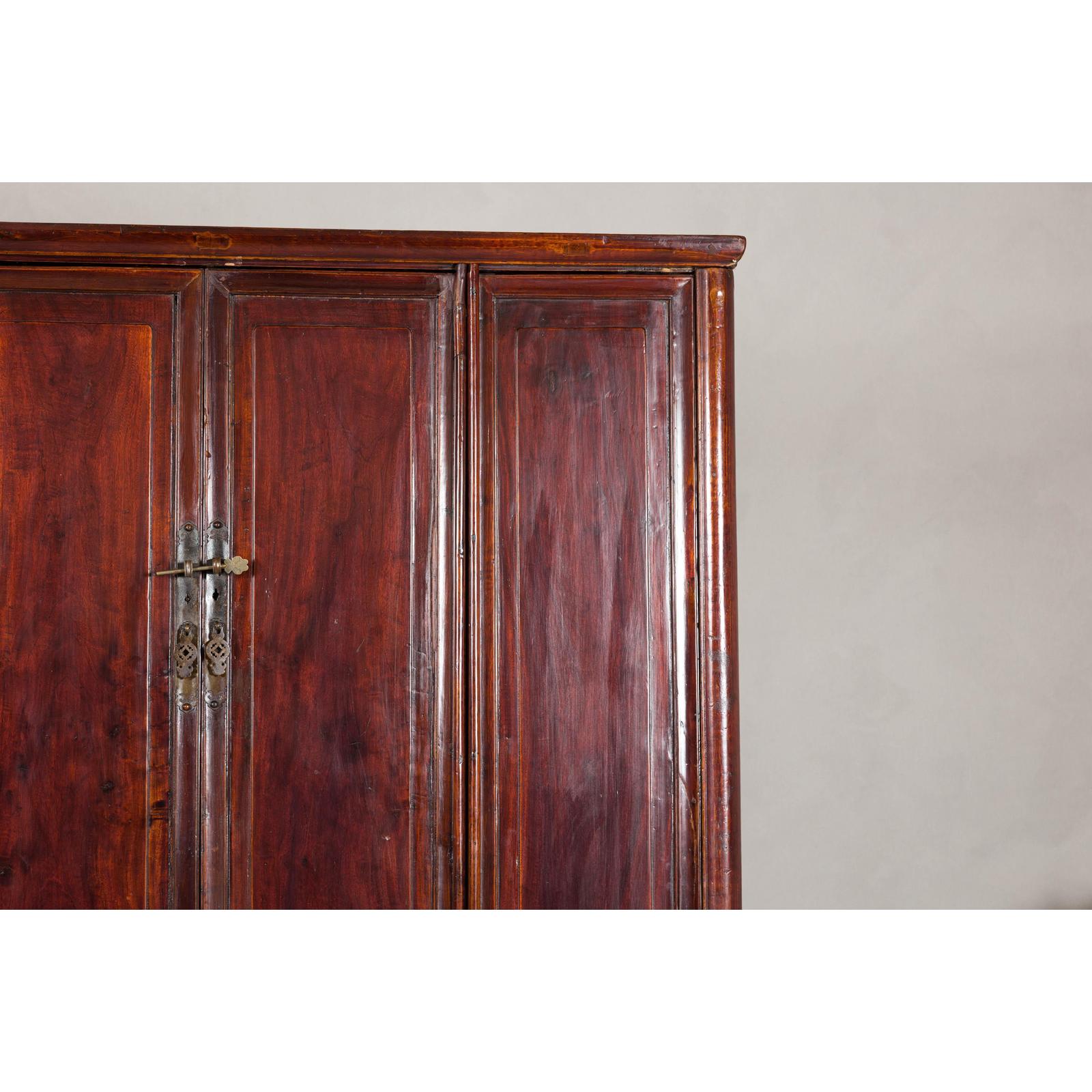 Large Reddish Brown Lacquered Cabinet with Folding Doors and Two Shelves