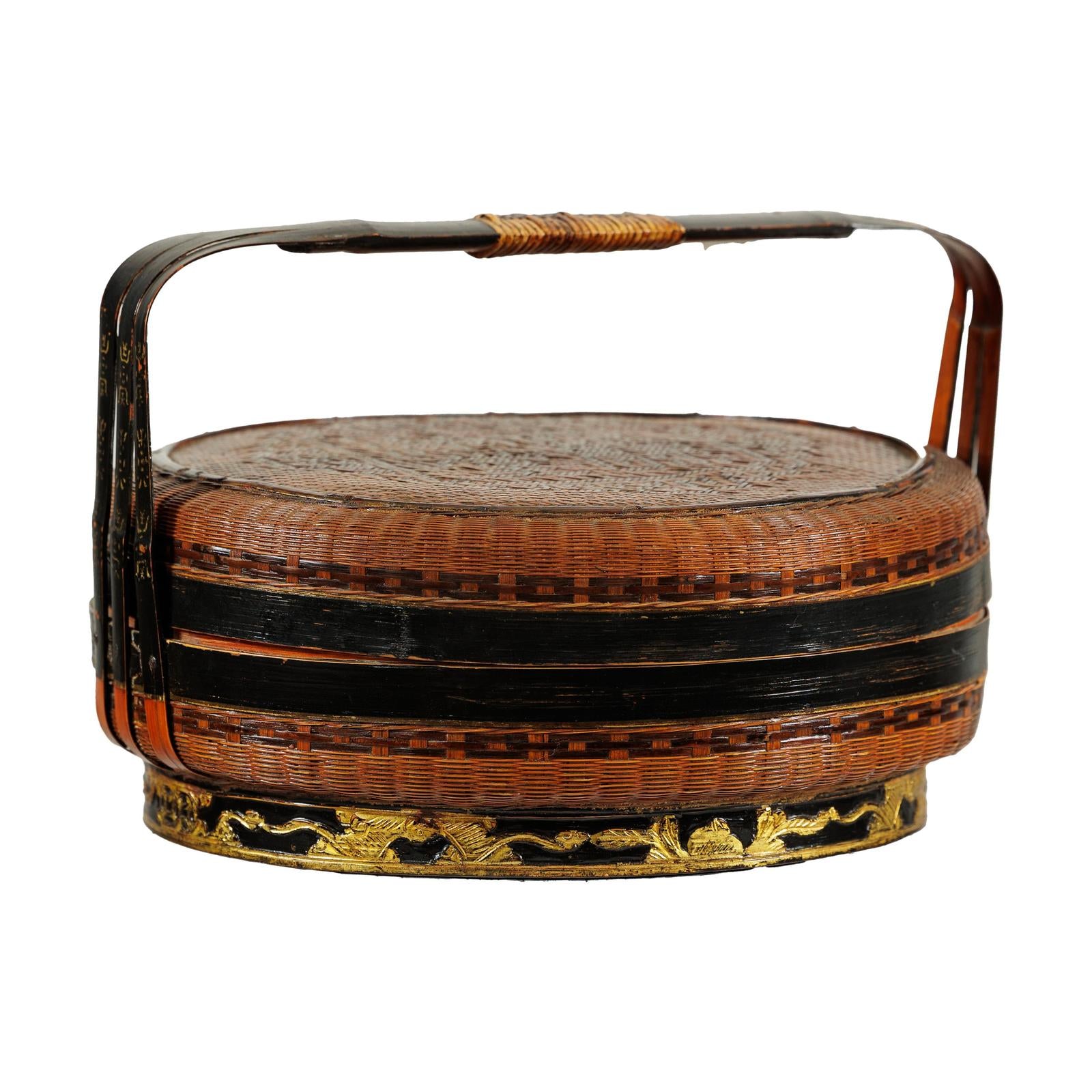 Woven Lidded Basket with Handle and Gilt Decorated Base |FEA Home