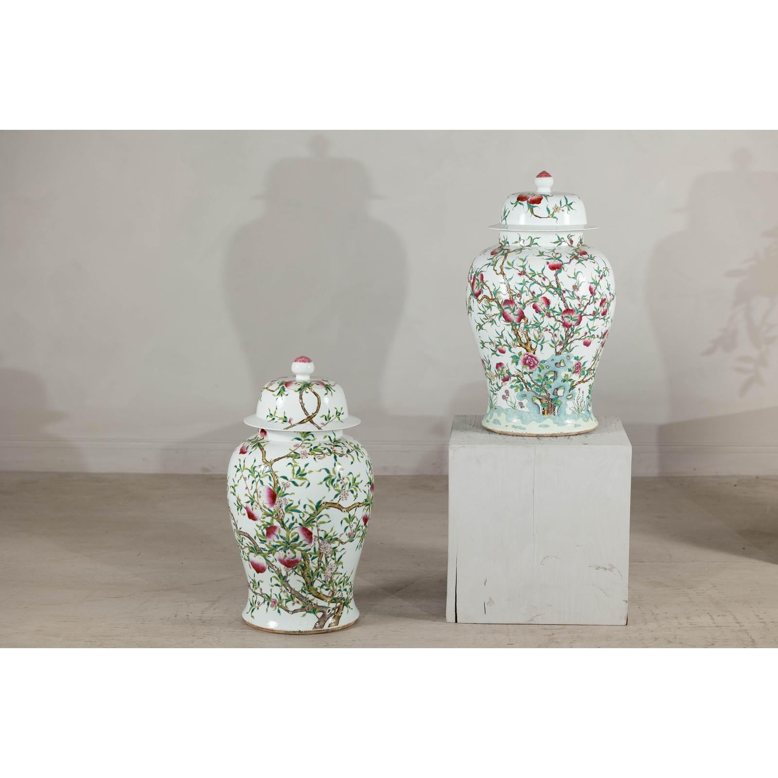 Near Pair of Famille Rose Ginger Jars with Peaches, Roses and Bats