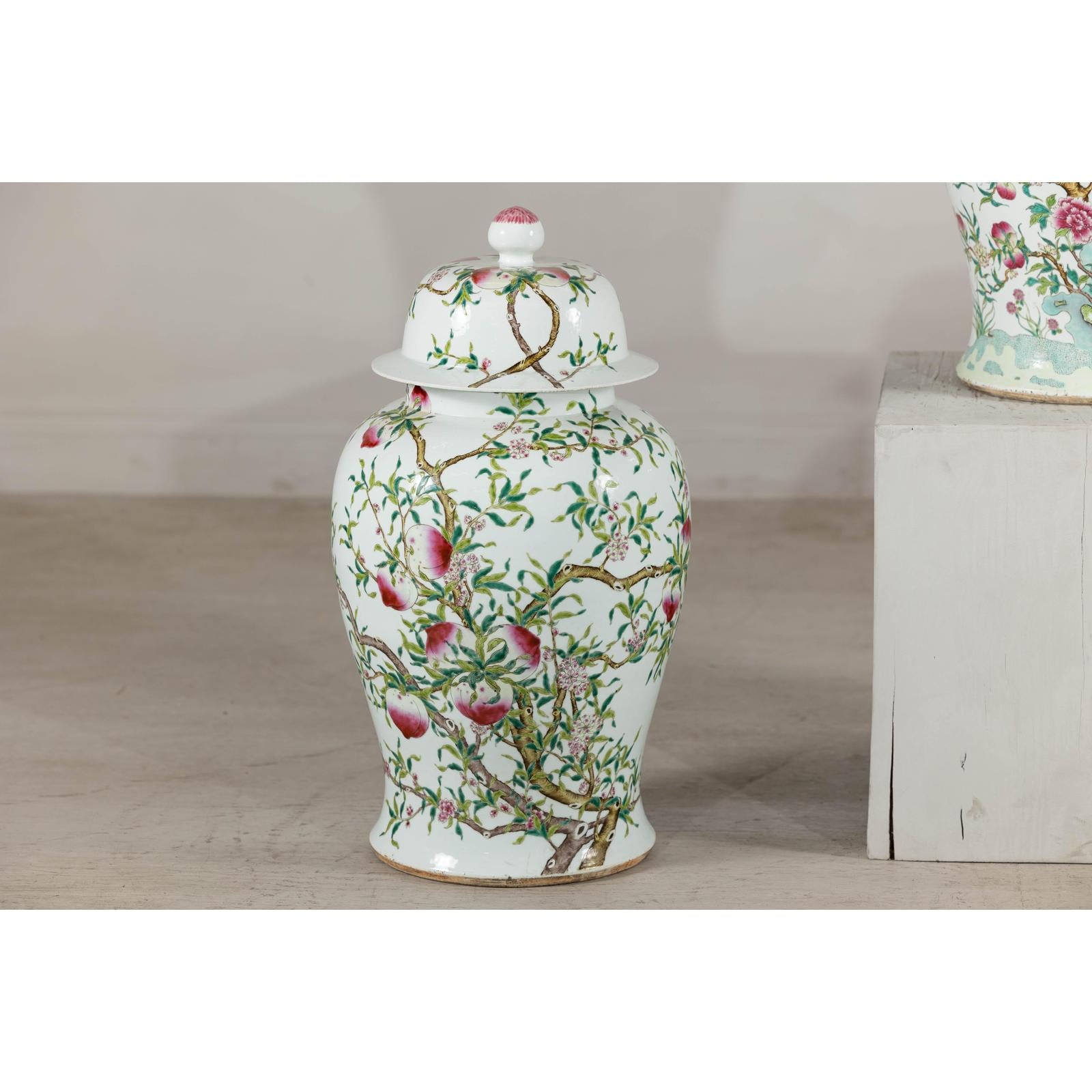 Near Pair of Famille Rose Ginger Jars with Peaches, Roses and Bats