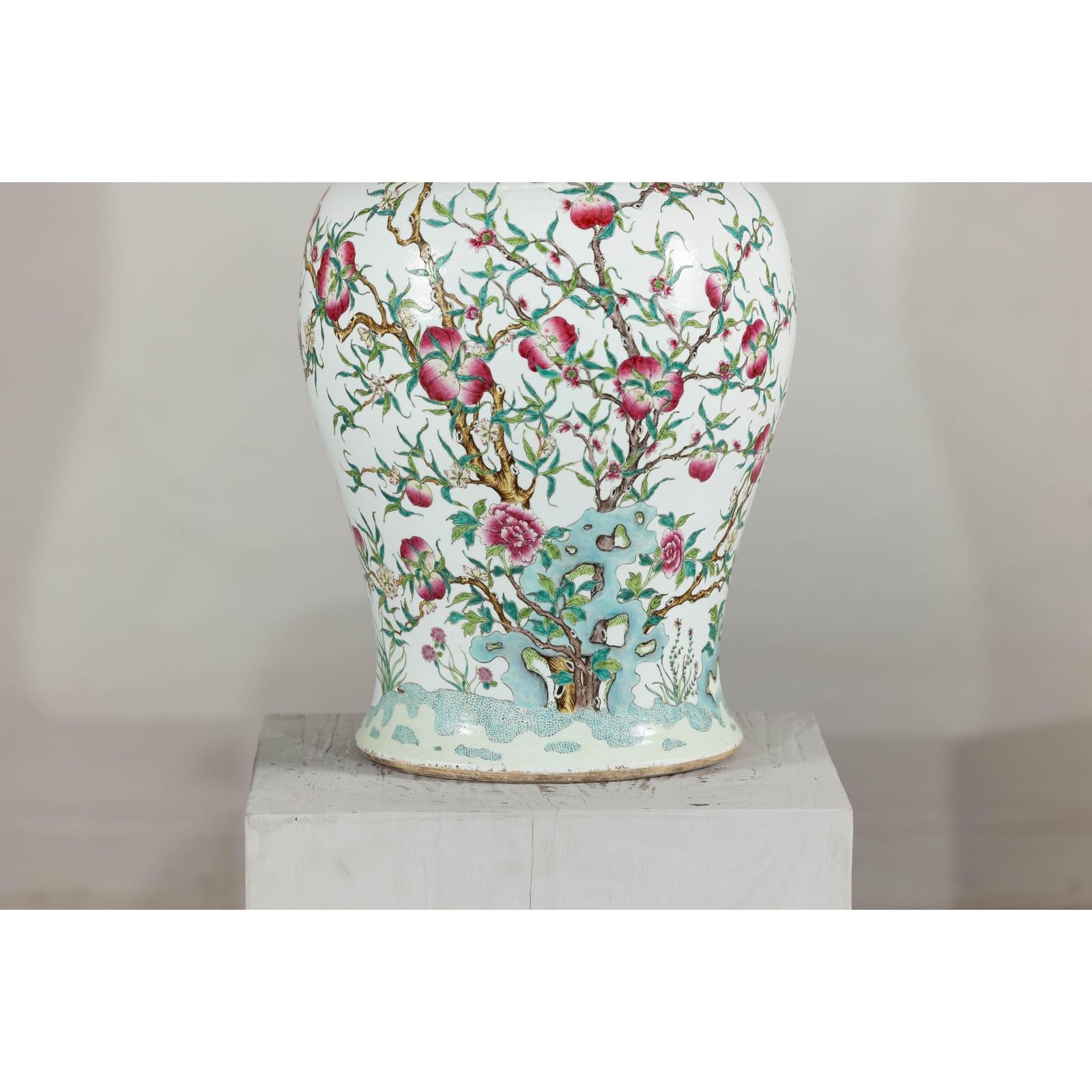Near Pair of Famille Rose Ginger Jars with Peaches, Roses and Bats