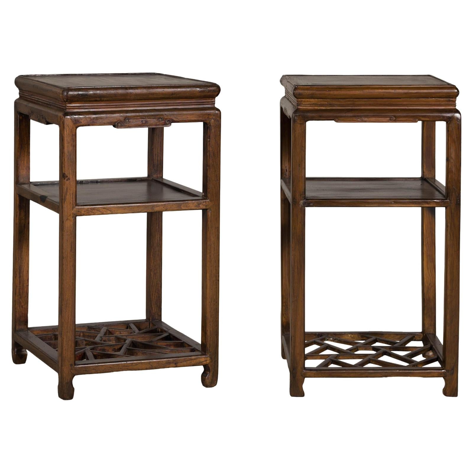 Near Pair of Hardwood End Tables with Fretwork Geometric Base, Vintage