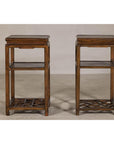 Near Pair of Hardwood End Tables with Fretwork Geometric Base, Vintage-15. Asian & Chinese Furniture, Art, Antiques, Vintage Home Décor for sale at FEA Home