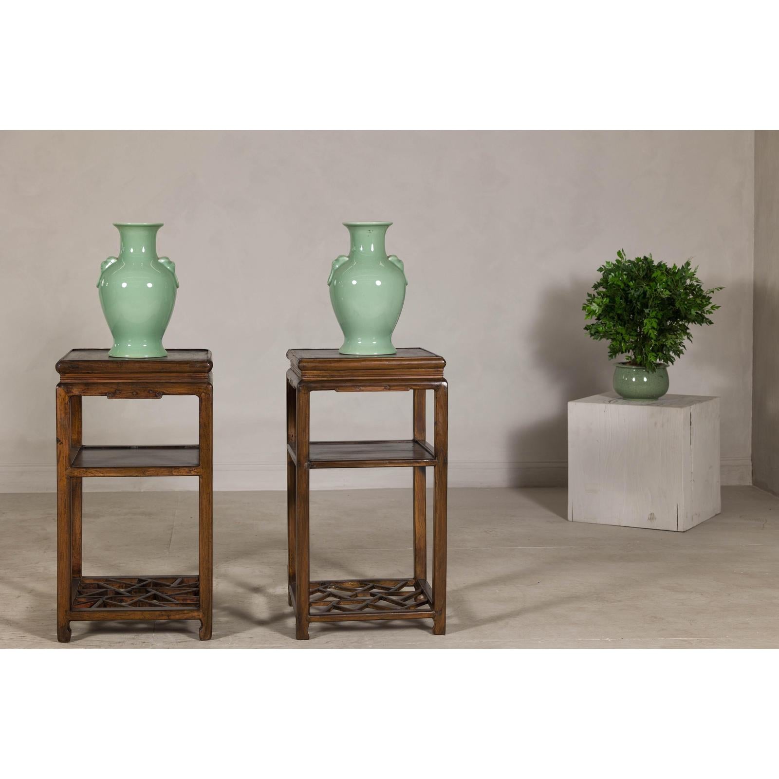Near Pair of Hardwood End Tables with Fretwork Geometric Base, Vintage
