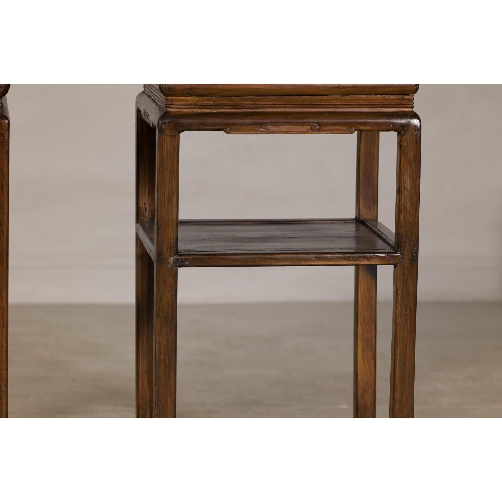 Near Pair of Hardwood End Tables with Fretwork Geometric Base, Vintage
