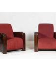 Pair of Art Deco Club Chairs with Carved Wood Arms, Burgundy Upholstery-10. Asian & Chinese Furniture, Art, Antiques, Vintage Home Décor for sale at FEA Home