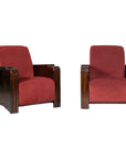 Pair of Art Deco Club Chairs with Carved Wood Arms, Burgundy Upholstery-1. Asian & Chinese Furniture, Art, Antiques, Vintage Home Décor for sale at FEA Home