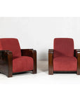 Pair of Art Deco Club Chairs with Carved Wood Arms, Burgundy Upholstery-2. Asian & Chinese Furniture, Art, Antiques, Vintage Home Décor for sale at FEA Home