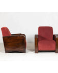 Pair of Art Deco Club Chairs with Carved Wood Arms, Burgundy Upholstery-4. Asian & Chinese Furniture, Art, Antiques, Vintage Home Décor for sale at FEA Home