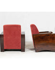 Pair of Art Deco Club Chairs with Carved Wood Arms, Burgundy Upholstery-5. Asian & Chinese Furniture, Art, Antiques, Vintage Home Décor for sale at FEA Home