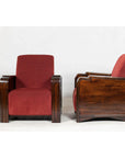 Pair of Art Deco Club Chairs with Carved Wood Arms, Burgundy Upholstery-7. Asian & Chinese Furniture, Art, Antiques, Vintage Home Décor for sale at FEA Home