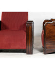Pair of Art Deco Club Chairs with Carved Wood Arms, Burgundy Upholstery-9. Asian & Chinese Furniture, Art, Antiques, Vintage Home Décor for sale at FEA Home