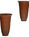 Brown ceramic vases with subtle red undertones, pair set against a plain white background, close-up view.
