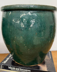 Pair of Deep Green Glazed Round Ceramic Planters - FEA Home