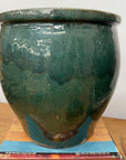 Pair of Deep Green Glazed Round Ceramic Planters - FEA Home