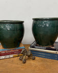 Pair of Deep Green Glazed Round Ceramic Planters - FEA Home