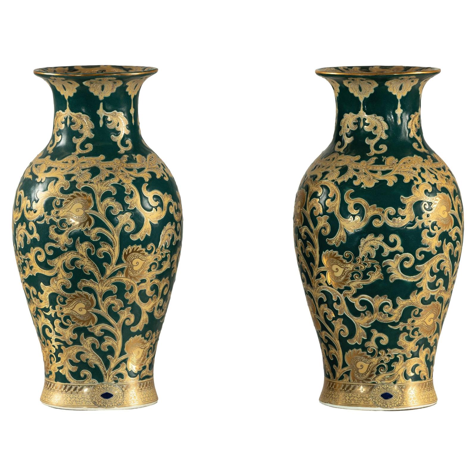 Pair of Green & Gold Ceramic Vases with Foliage Scrollwork