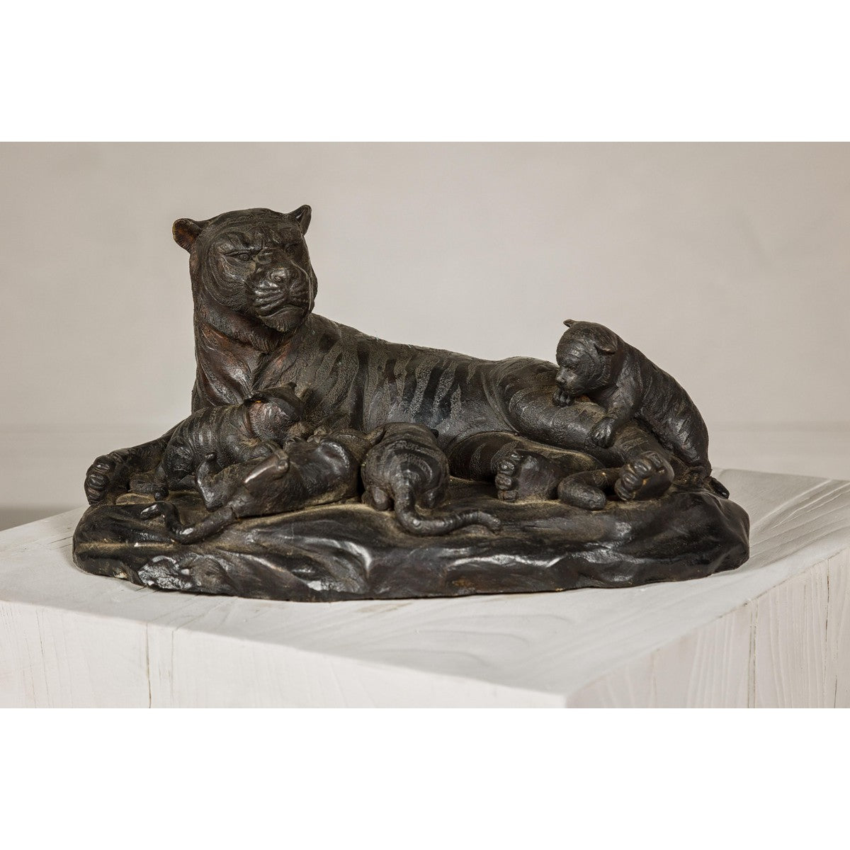 Family of Tigers Lost Wax Bronze Table Top Statuette with Dark Patina-3. Asian & Chinese Furniture, Art, Antiques, Vintage Home Décor for sale at FEA Home