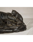 Bronze family of tigers statue with cub resting on adult, tabletop decor, crafted with lost wax process.