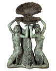 Bronze three nymph fountain with kneeling women, flowing hair, lifting large seashell, Greco Roman style.